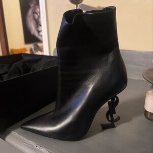 Black Leather YSL Ankle Boot with Sculpted YSL Logo Heel - 36.5